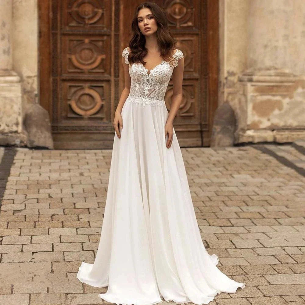 Elegant V-Neck Short Sleeve Ball Gown Mopping Wedding Dresses New Luxury Lace Appliques Court Train Princess Bridal Gown-payinti