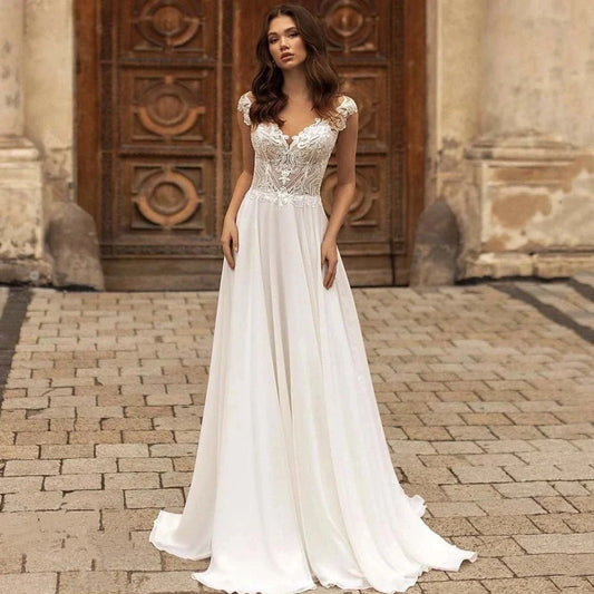 Elegant V-Neck Short Sleeve Ball Gown Mopping Wedding Dresses New Luxury Lace Appliques Court Train Princess Bridal Gown-payinti