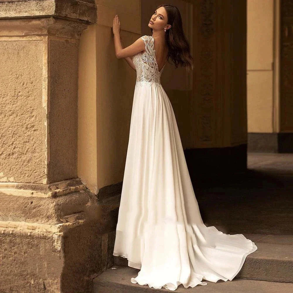 Elegant V-Neck Short Sleeve Ball Gown Mopping Wedding Dresses New Luxury Lace Appliques Court Train Princess Bridal Gown-payinti
