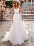 Elegant V Neck Spaghetti Strap Wedding Dresses 2022 New Arrival Beading Sleeveless Backless Bridal Gowns Sweep Train For Women-payinti