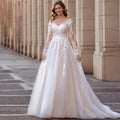 Elegant V-Neck Wedding Dresses Plus Size Lace Long Sleeve Women White Open Back Tulle Bridal Gown Sweep Train Vestidos De Novia-payinti