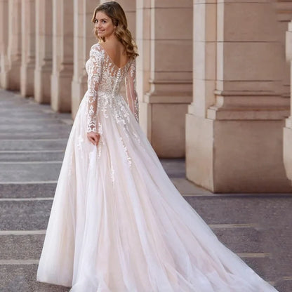 Elegant V-Neck Wedding Dresses Plus Size Lace Long Sleeve Women White Open Back Tulle Bridal Gown Sweep Train Vestidos De Novia-payinti