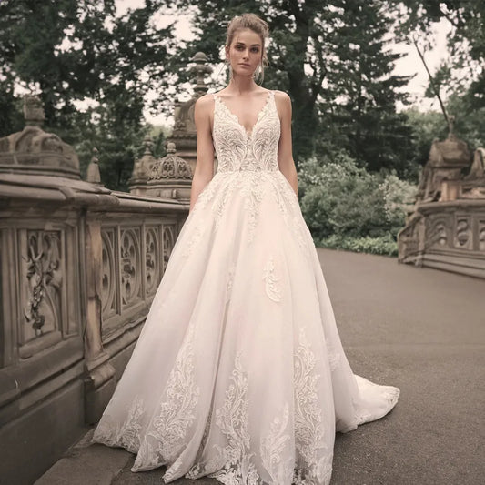 Elegant Wedding Dresses For Woman Popular Summer A-line V-Neck Sleeveless Appliques Open Back Vestidos De Novia-payinti