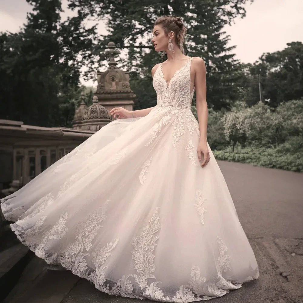 Elegant Wedding Dresses For Woman Popular Summer A-line V-Neck Sleeveless Appliques Open Back Vestidos De Novia-payinti