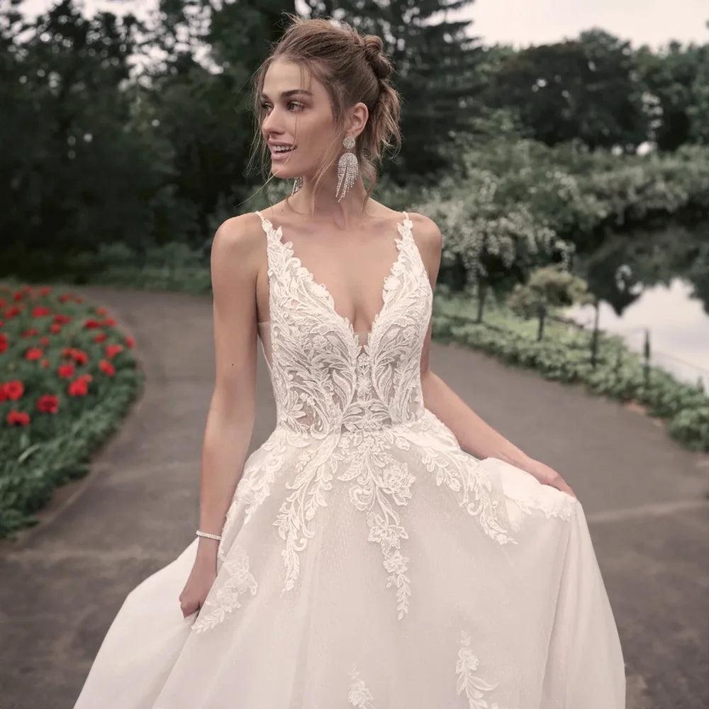 Elegant Wedding Dresses For Woman Popular Summer A-line V-Neck Sleeveless Appliques Open Back Vestidos De Novia-payinti