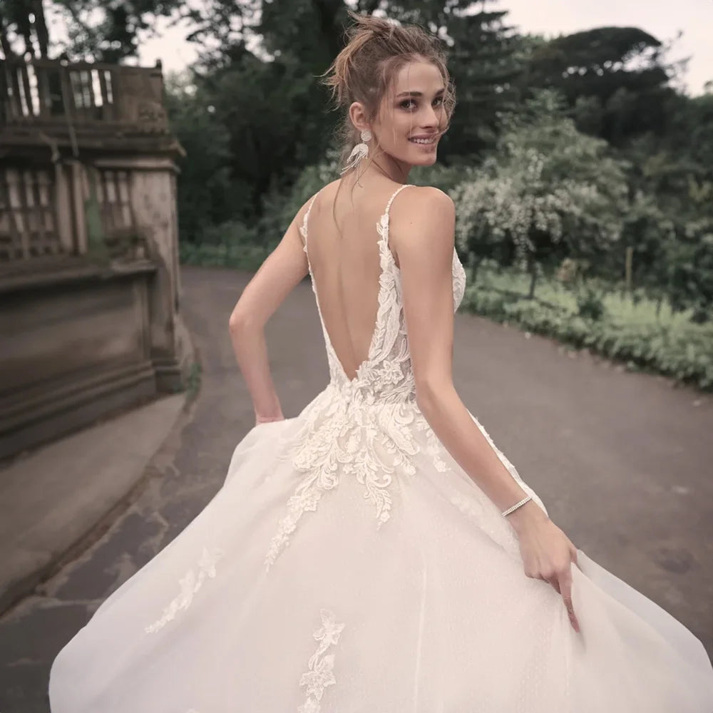 Elegant Wedding Dresses For Woman Popular Summer A-line V-Neck Sleeveless Appliques Open Back Vestidos De Novia-payinti