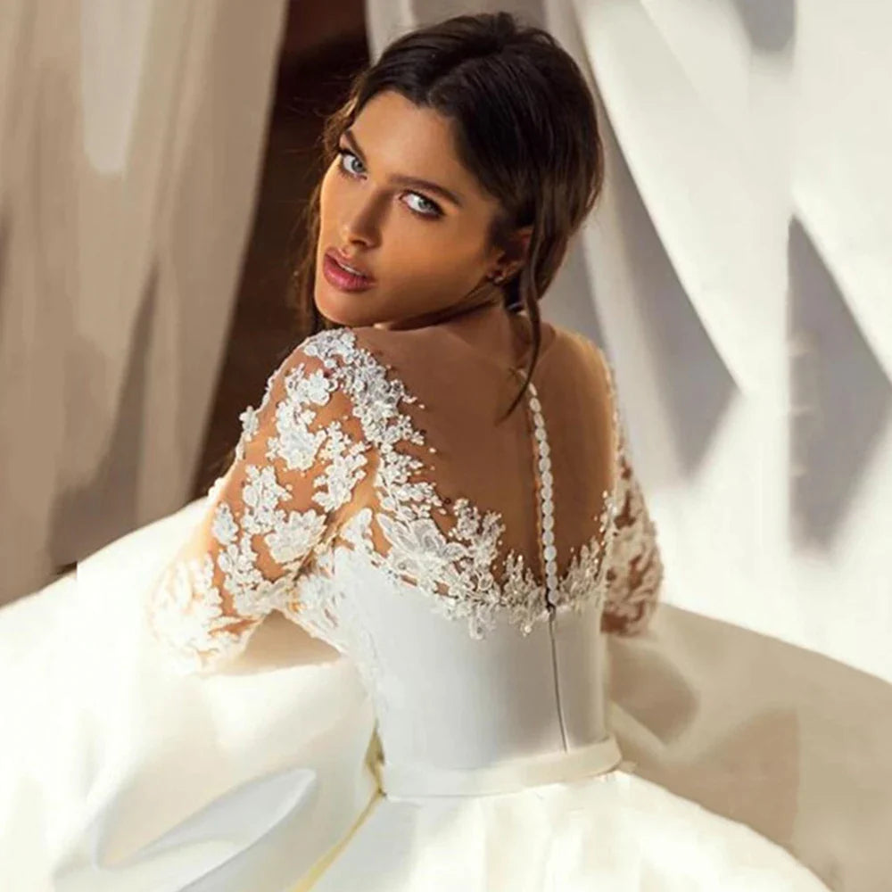 Elegant Wedding Dresses Long Sleeves For Women Princess A Line Bridal Gowns Custom Made Lace Appliques Satin Robe De Mariee-payinti