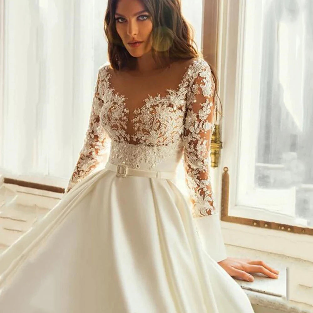Elegant Wedding Dresses Long Sleeves For Women Princess A Line Bridal Gowns Custom Made Lace Appliques Satin Robe De Mariee-payinti