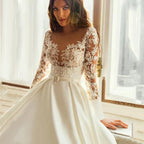 Elegant Wedding Dresses Long Sleeves For Women Princess A Line Bridal Gowns Custom Made Lace Appliques Satin Robe De Mariee-payinti