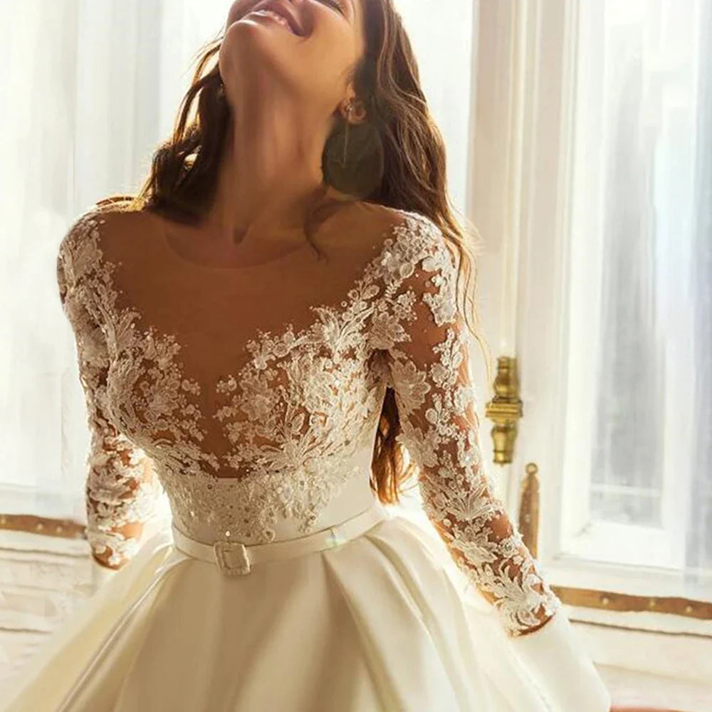 Elegant Wedding Dresses Long Sleeves For Women Princess A Line Bridal Gowns Custom Made Lace Appliques Satin Robe De Mariee-payinti