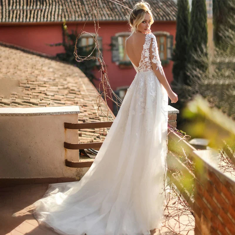 Elegant Wedding Dresses V-Neck Long Sleeves Lace Appliques Vestido De Noiva Backless Tulle Vestidos De Novia-payinti