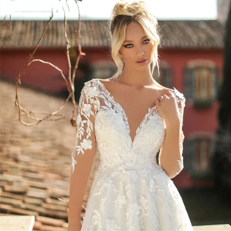 Elegant Wedding Dresses V-Neck Long Sleeves Lace Appliques Vestido De Noiva Backless Tulle Vestidos De Novia-payinti