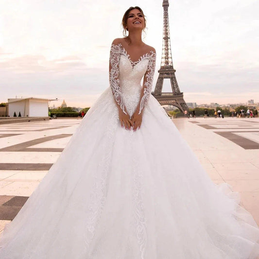 Elegant Wedding Dresses With Embroidery Princess Ball Gowns Sweetheart Full Sleeve Simplicity Back Button Vestido De Novia Robe-payinti