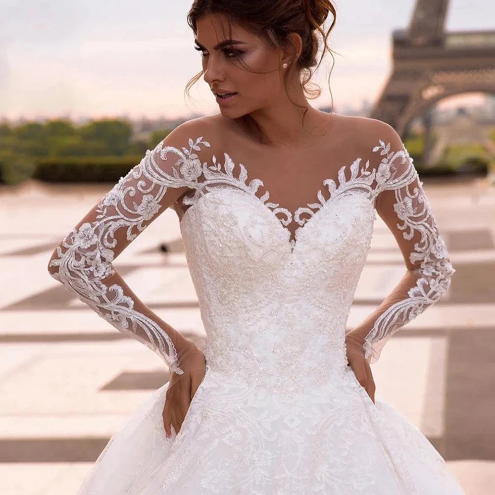 Elegant Wedding Dresses With Embroidery Princess Ball Gowns Sweetheart Full Sleeve Simplicity Back Button Vestido De Novia Robe-payinti