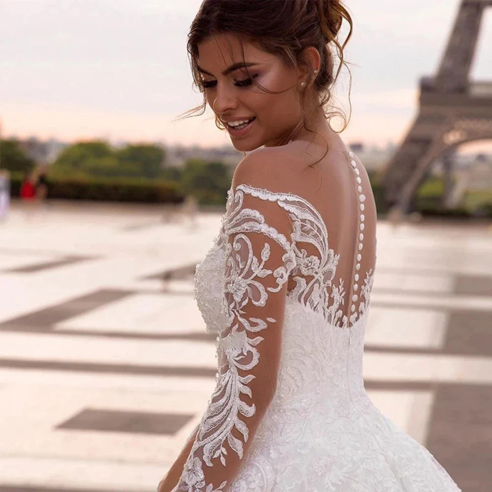 Elegant Wedding Dresses With Embroidery Princess Ball Gowns Sweetheart Full Sleeve Simplicity Back Button Vestido De Novia Robe-payinti
