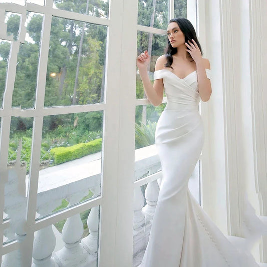 Elegant White Satin Gown with Off the Shoulder Pleated Mermaid Sweep Train Floor-Length Evening Gown for Women vestidos de novia-payinti