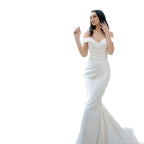 Elegant White Satin Gown with Off the Shoulder Pleated Mermaid Sweep Train Floor-Length Evening Gown for Women vestidos de novia-payinti