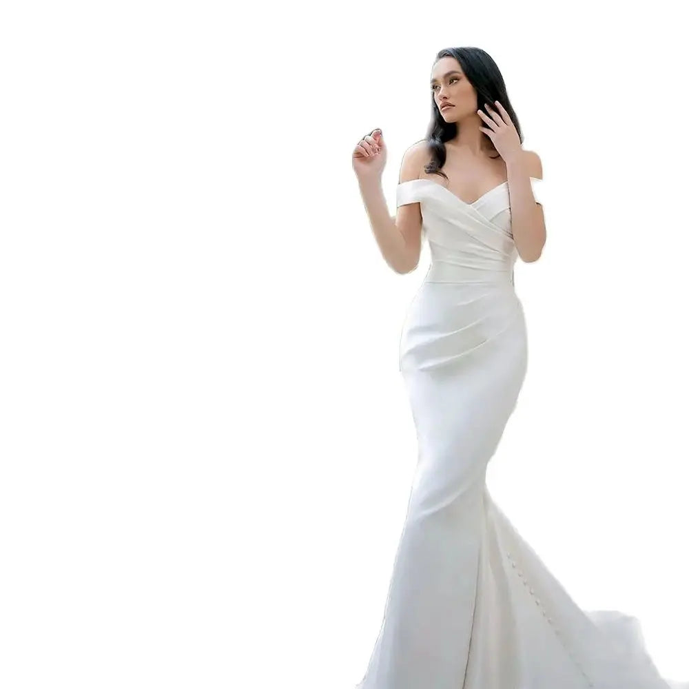 Elegant White Satin Gown with Off the Shoulder Pleated Mermaid Sweep Train Floor-Length Evening Gown for Women vestidos de novia-payinti
