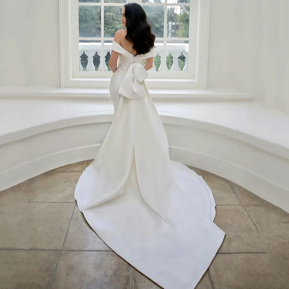 Elegant White Satin Gown with Off the Shoulder Pleated Mermaid Sweep Train Floor-Length Evening Gown for Women vestidos de novia-payinti