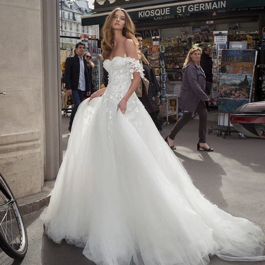 Elegant White Tulle Wedding Dresses Off the Shoulder Sweetheart Custom Made Appliques Bridal Gowns Backless Vestidos De Novia-payinti