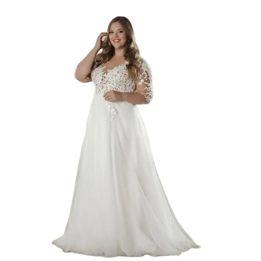 Elegant White V-neck Half Sleeve Bridal Gown Lace Applique Plus Size Floor-Length Wedding Dress for Women vestidos de novia-payinti