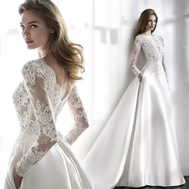 Elegant White Wedding Dress Italian Vintage Backless Applique Lace Long Sleeve Pocket Floor-Length Bridal Gown Vestidos De Novia-payinti