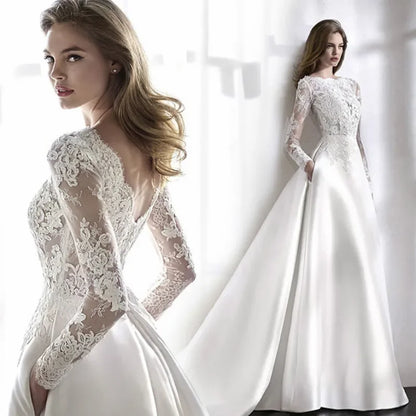 Elegant White Wedding Dress Italian Vintage Backless Applique Lace Long Sleeve Pocket Floor-Length Bridal Gown Vestidos De Novia-payinti