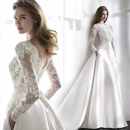 Elegant White Wedding Dress Italian Vintage Backless Applique Lace Long Sleeve Pocket Floor-Length Bridal Gown Vestidos De Novia-payinti