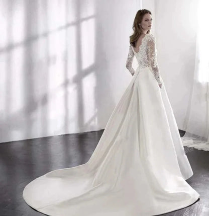 Elegant White Wedding Dress Italian Vintage Backless Applique Lace Long Sleeve Pocket Floor-Length Bridal Gown Vestidos De Novia-payinti