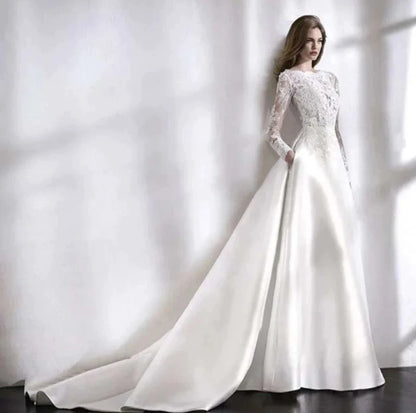 Elegant White Wedding Dress Italian Vintage Backless Applique Lace Long Sleeve Pocket Floor-Length Bridal Gown Vestidos De Novia-payinti