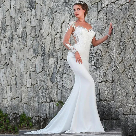 Elegant white bridal gown crew neck Long Sleeve Decal Crystal beaded floor-length long sleeve mermaid wedding dress with train-payinti
