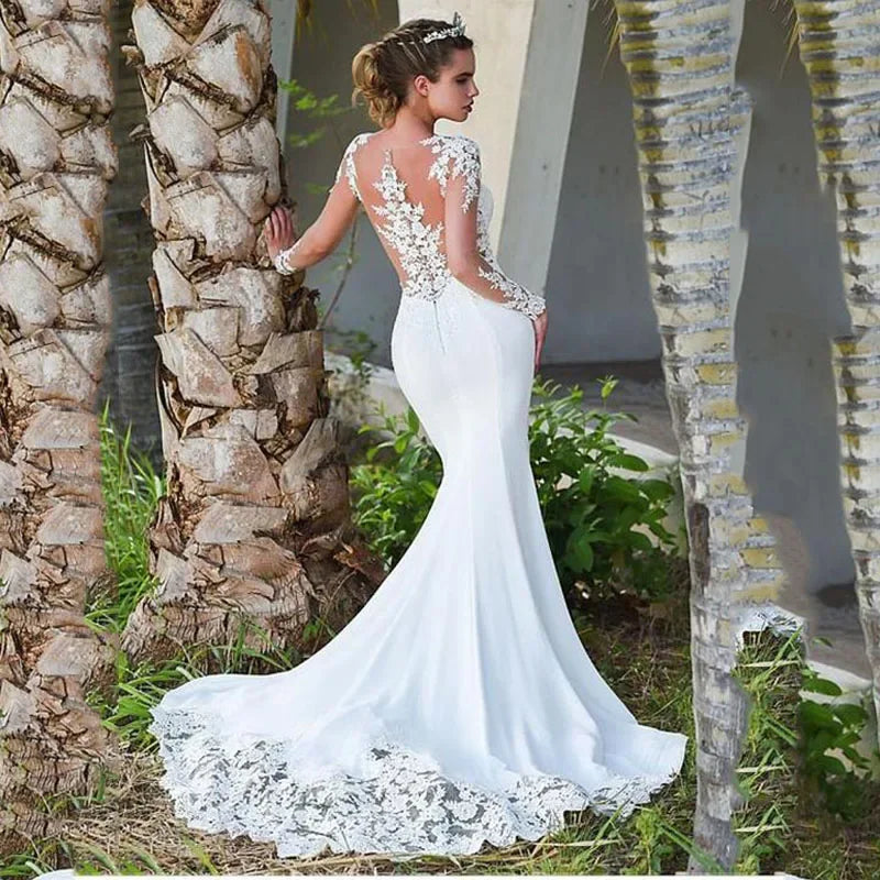 Elegant white bridal gown crew neck Long Sleeve Decal Crystal beaded floor-length long sleeve mermaid wedding dress with train-payinti