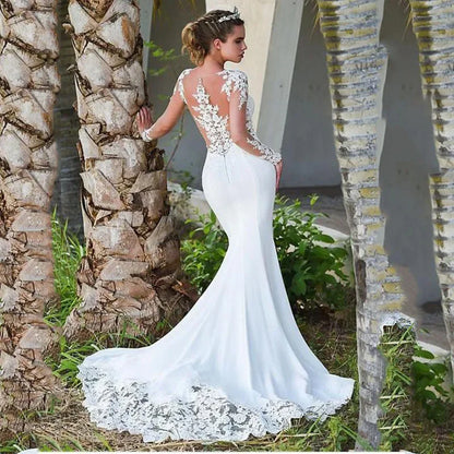 Elegant white bridal gown crew neck Long Sleeve Decal Crystal beaded floor-length long sleeve mermaid wedding dress with train-payinti