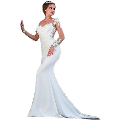 Elegant white bridal gown crew neck Long Sleeve Decal Crystal beaded floor-length long sleeve mermaid wedding dress with train-payinti