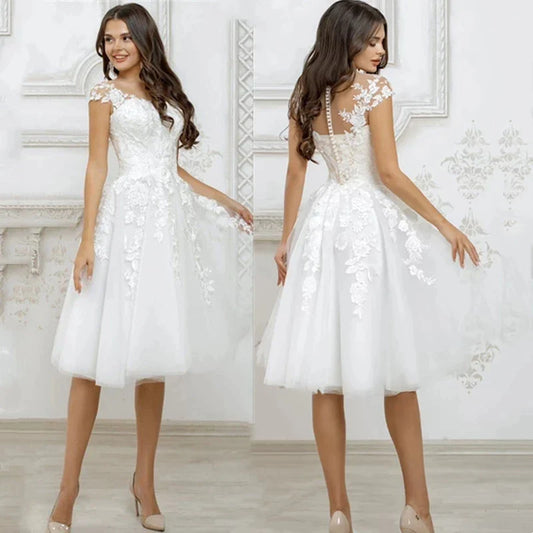Elegant white tulle applique round neck short sleeve formal dress A-line knee-length bridal wedding dress فساتين للحفلات الراقصة-payinti