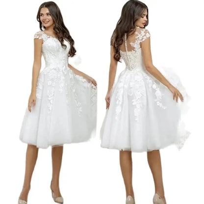 Elegant white tulle applique round neck short sleeve formal dress A-line knee-length bridal wedding dress فساتين للحفلات الراقصة-payinti