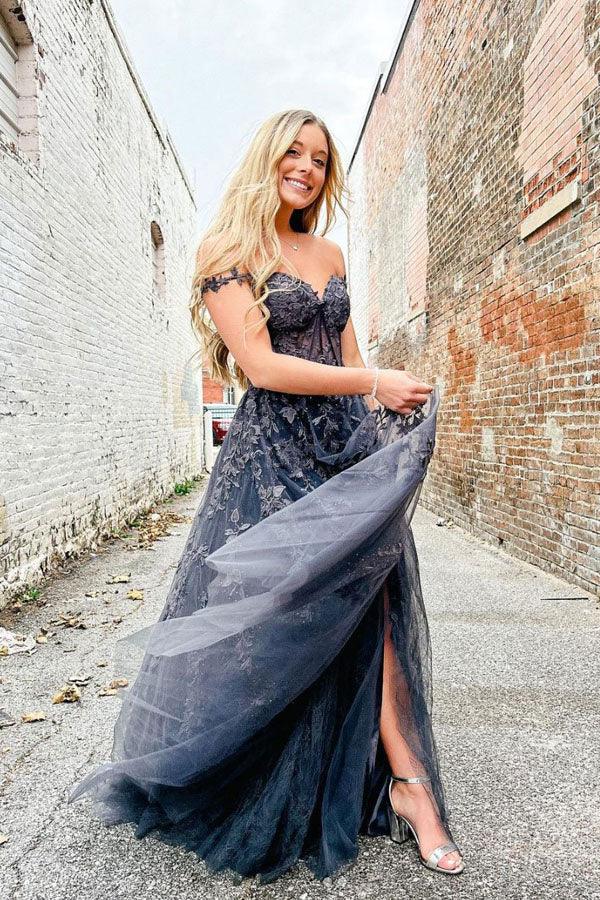 Elegante vestido de fiesta largo de tul con escote en forma de A y encaje con hombros descubiertos PSK423