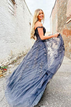 Elegante vestido de fiesta largo de tul con escote en forma de A y encaje con hombros descubiertos PSK423