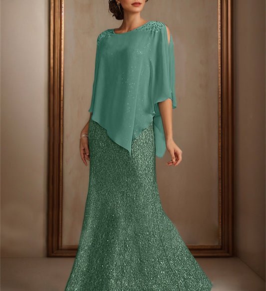 Bodenlanger Chiffon-Hosenanzug mit U-Ausschnitt und Perlenpailletten für die Mutter der Braut 