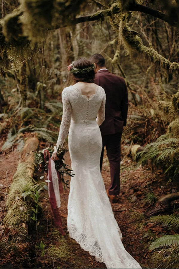 Elegant Lace Mermaid Round Neck Long Sleeves Wedding Dresses WD638