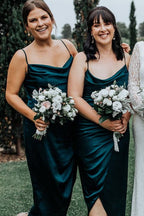 Elegante vestido de dama de honor con tirantes finos en color verde azulado oscuro SCB41