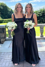 Elegante vestido negro largo de dama de honor con escote cuadrado BD128