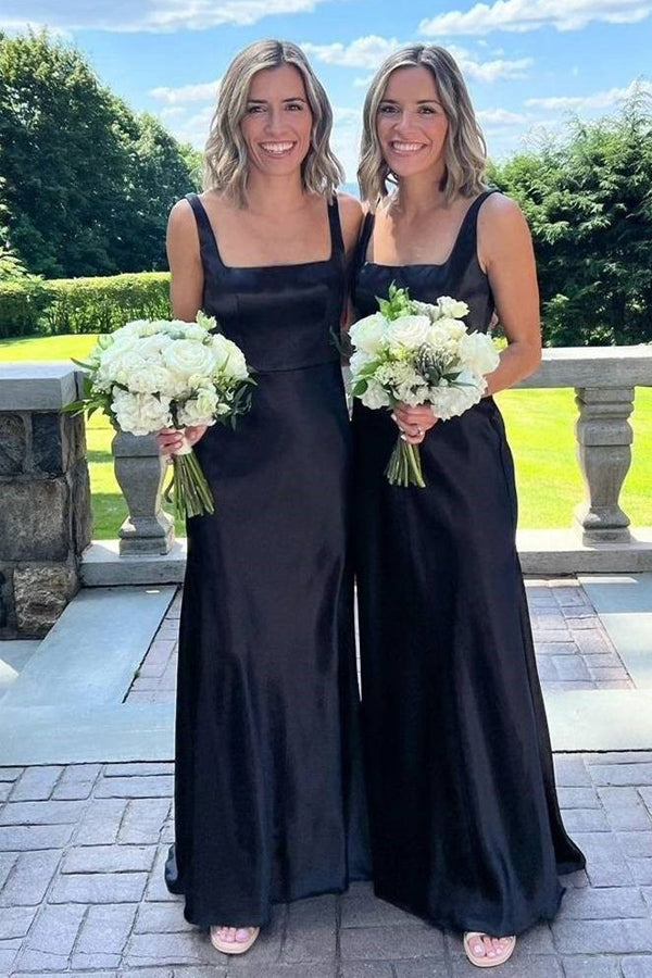 Elegante vestido negro largo de dama de honor con escote cuadrado BD128