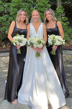 Elegante vestido negro largo de dama de honor con escote cuadrado BD128