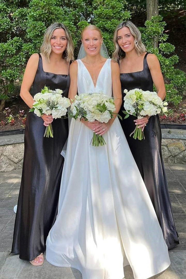 Elegante vestido negro largo de dama de honor con escote cuadrado BD128