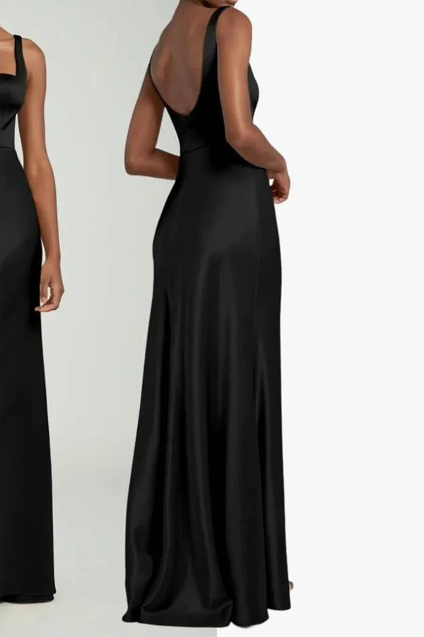 Elegante vestido negro largo de dama de honor con escote cuadrado BD128