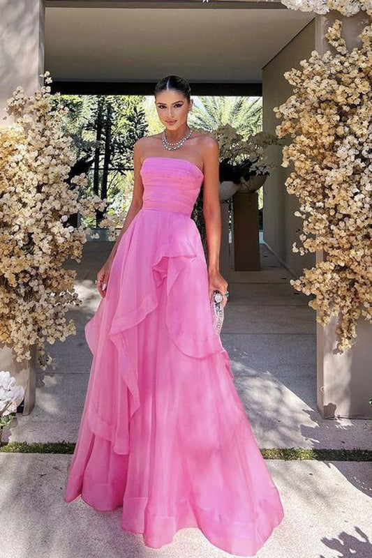 Robe de bal longue rose élégante sans bretelles à plusieurs niveaux PSK538