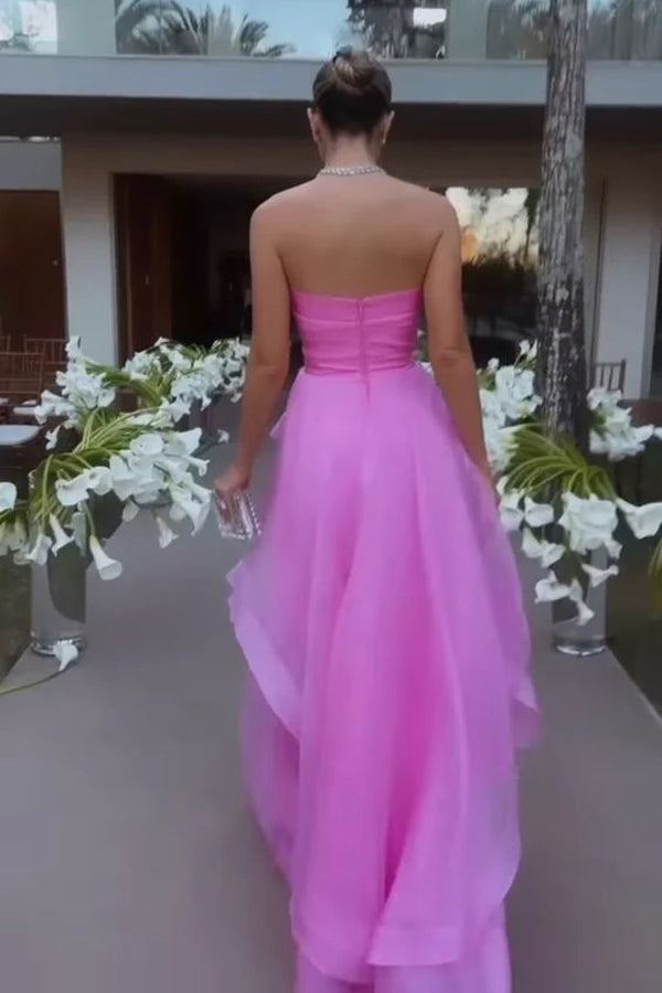 Robe de bal longue rose élégante sans bretelles à plusieurs niveaux PSK538