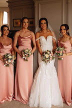 Vestido de dama de honor largo con tirantes finos en color rosa BD108