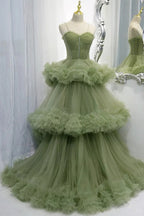 Elegant Straps Pleated Green Tiered Tulle Formal Dress SYP100